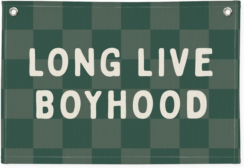 PLKMN Long Live Boyhood Linen Banner – Boys Room Wall Hanging, Playroom & Nursery Decor, Toddler Room Flag, Aesthetic Boys Bedroom Sign – Forest Green & White - Image 1